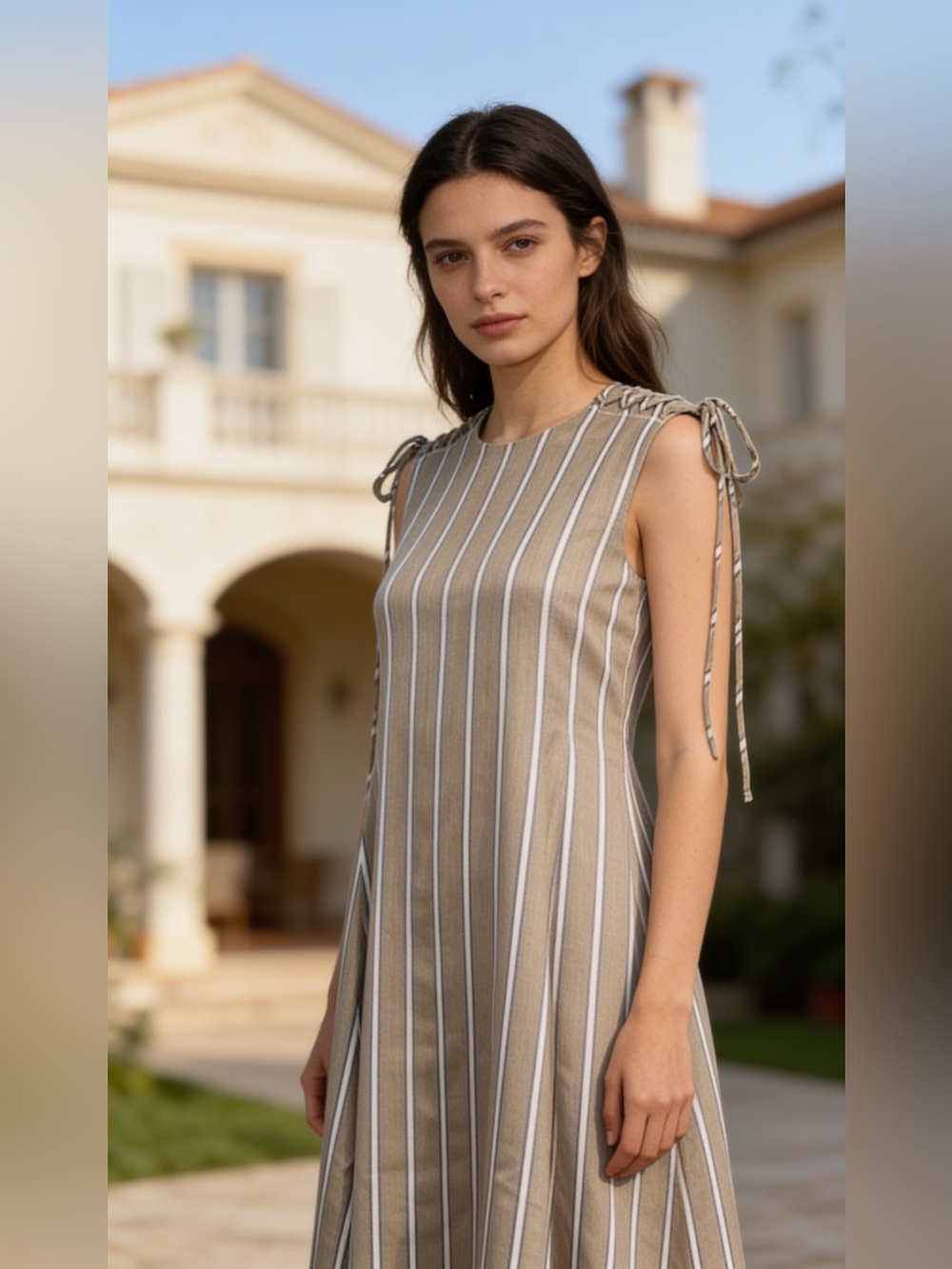 Adeam Intermix "Shoulder Lacing" frost grey stripe sleeveless dress 10
